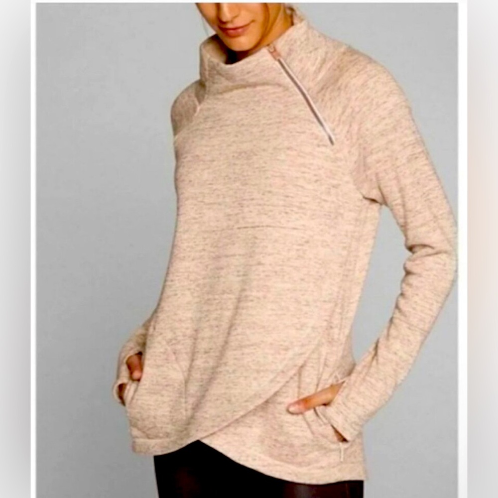 Athleta Cozy Karma Asym Pullover, Oatmeal Heather Rose Gold, Size Small